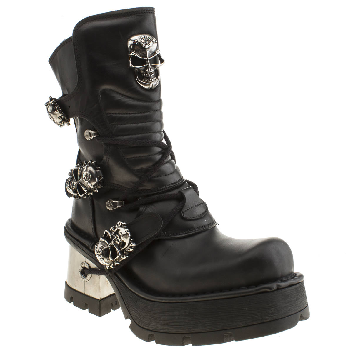 NEW ROCK SKULL BUCKLE WOMENS BLACK SILVER LEATHER BIKER BOOTS eBay